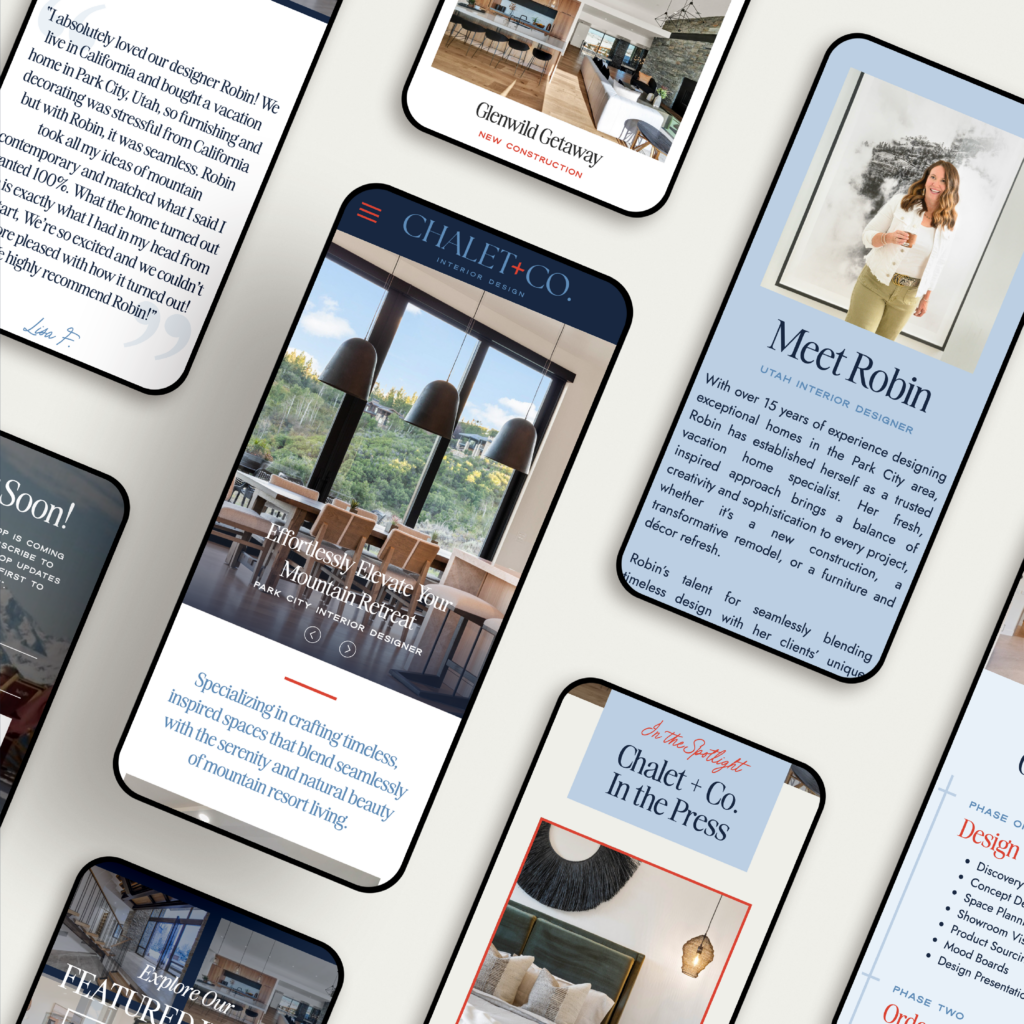 mobile webpage mockups for luxury mountain interior design firm website
