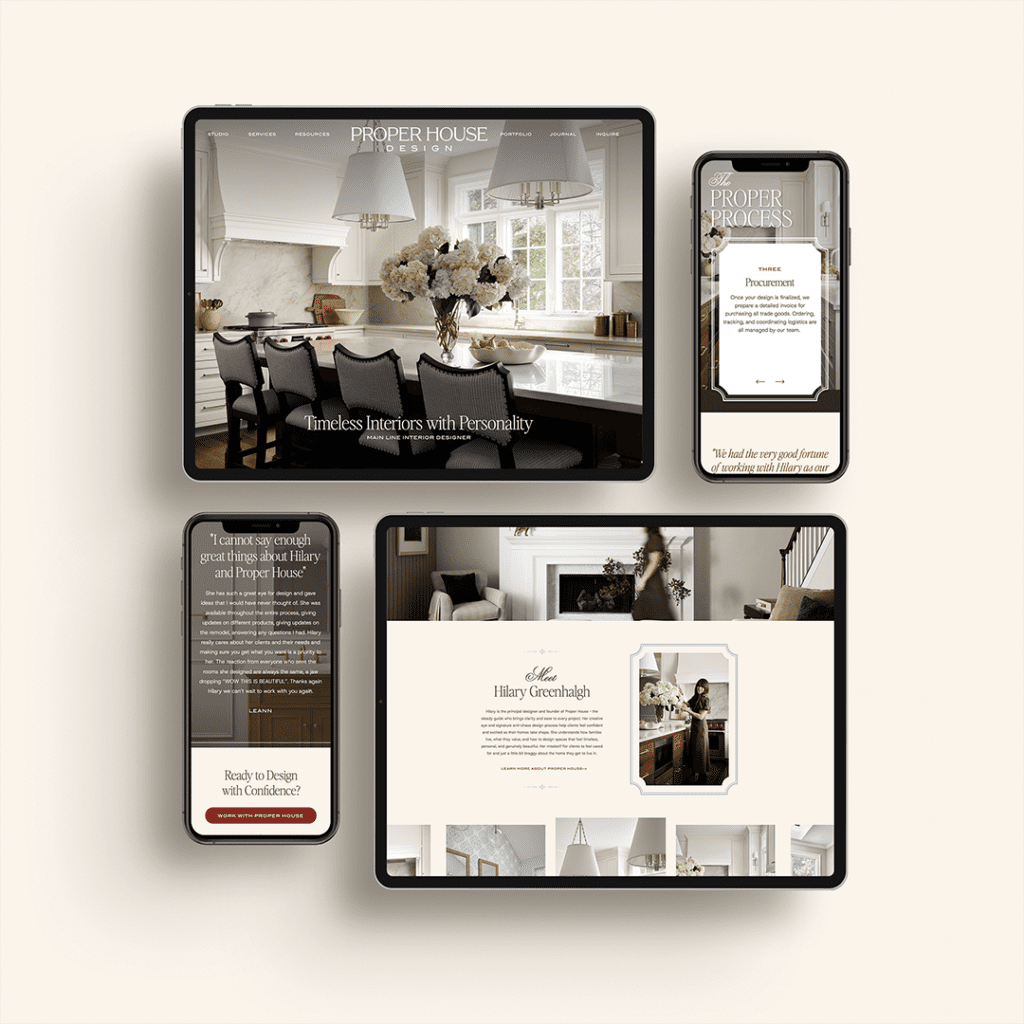tablet and mobile webpage mockups for luxury interior design website