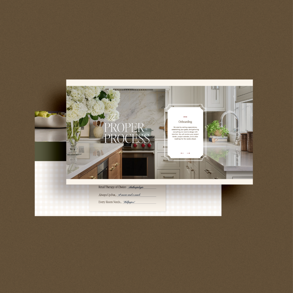 desktop webpage mockups for feminine luxury interior design website